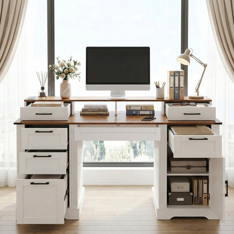 Bureau de ferme 59 po avec station de charge et armoire de rangement 59 po, Blanc