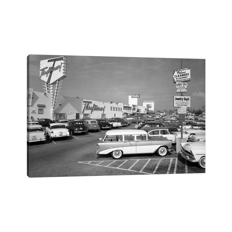 1950s Shopping Center Parking Lot - Wrapped Canvas Print, 20.32 cm H x 30.48 cm W