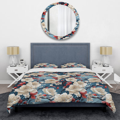 Beige And Blue Tranquility Japan Pattern Floral Duvet Cover