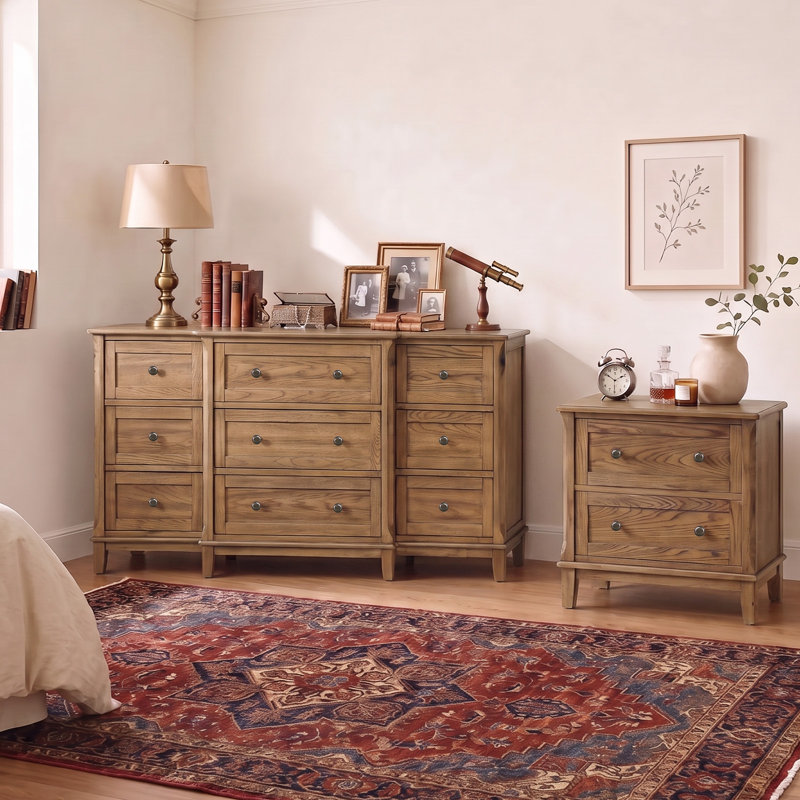 Commode 9 tiroirs en bois massif l 9 po avec table de chevet entièrement assemblée, Naturel