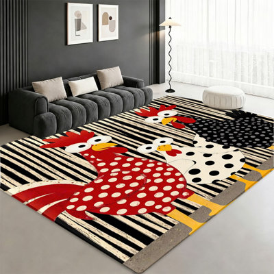 Fun Cartoon Chicken Rooster Area Rug, Playful Polka Dot Vibrant Animal Pattern, Soft Durable, Machine Washable Non-Slip Floor Carpet, Stylish Indoor Home Decor for Living Room, Bedroom, Kitchen, Teen Room, Entryway, Balcony, Apartment