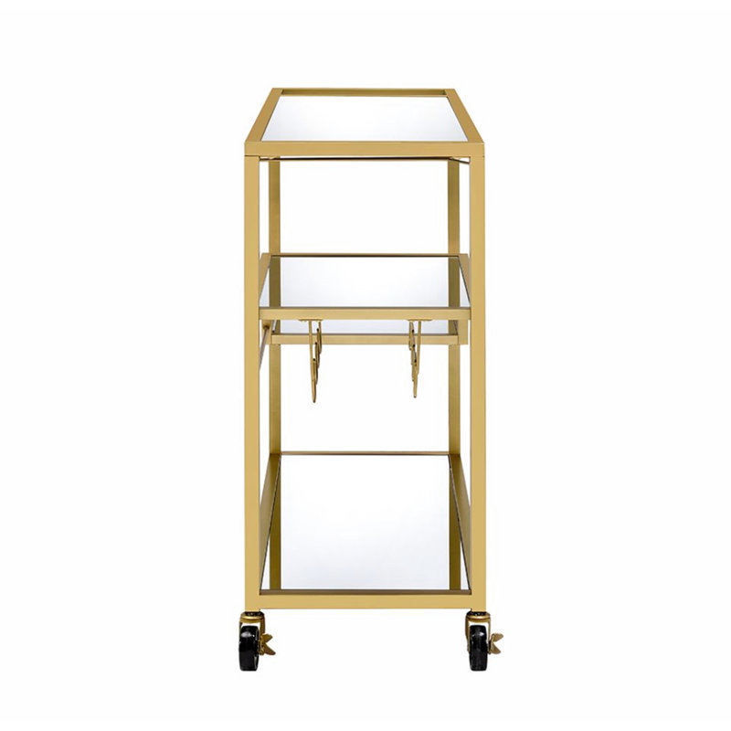 Chariot de service avec miroir et champagne avec rangement, tablettes supérieures de miroir de 5 mm, cadre en métal, porte-verres à vin, roulettes, 3 compartiments ouverts, poids de 70 lb, chariot de finition de 40 lb