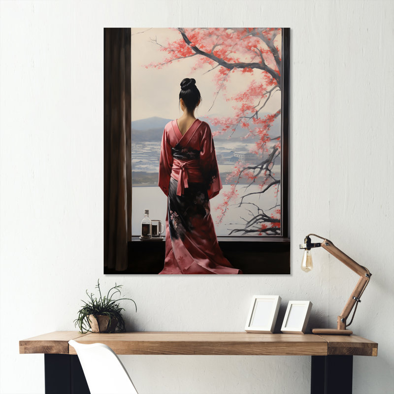 «Pink Tree Japanese Woman Window View I - Japon», art mural en métal, H 20 po x l 12 po x P 1 po