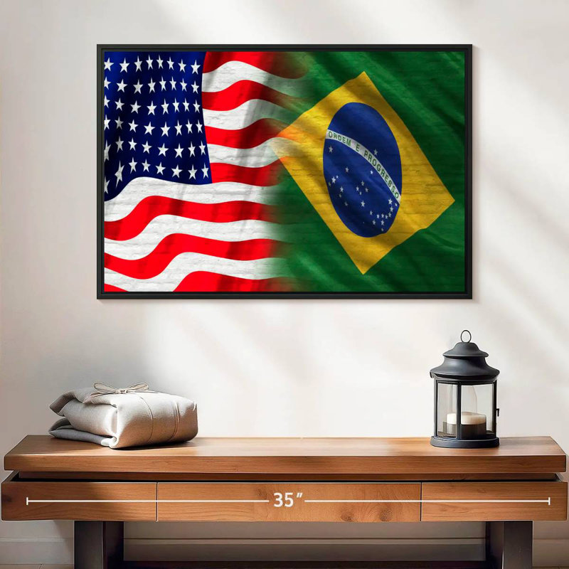Drapeau des États-Unis et du Brésil, 25 po x 17 po, Cadre flottant noir