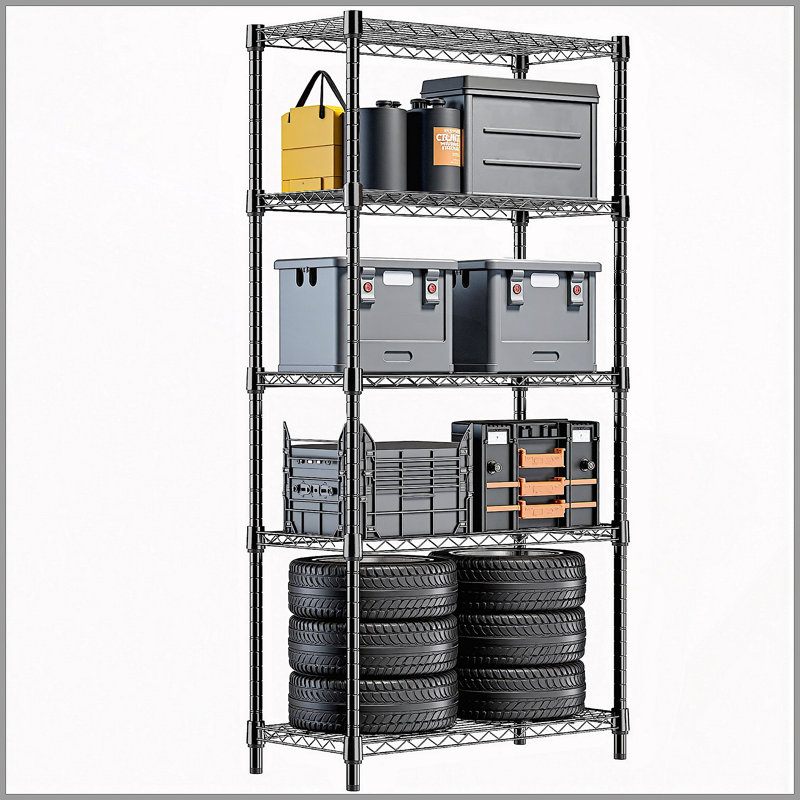 Étagère grillagée en acier robuste à 5 niveaux 1250 lb pour la maison, la cuisine, le bureau, noir