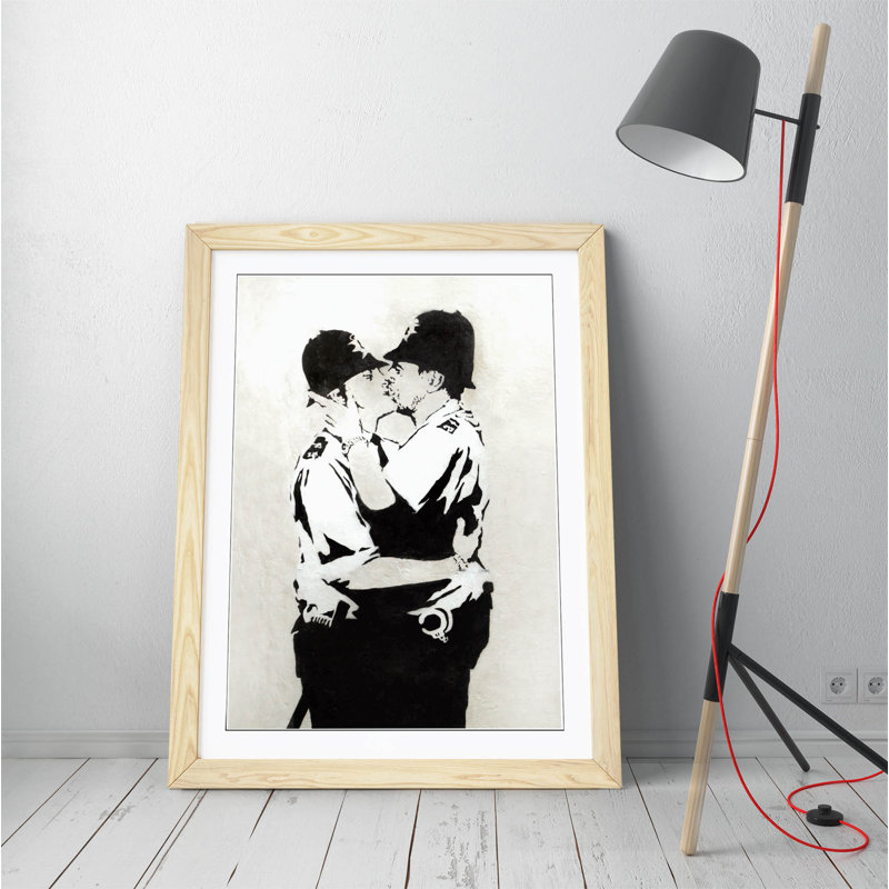 Kissing Coppers - Single Picture Frame Print on Canvas, 64cm H x 47cm W x 2cm D, White Framed