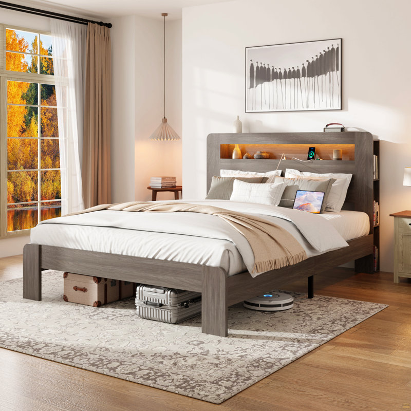 Structure de lit double, structure de lit plateforme en bois avec tête de lit à DEL avec rangement et 2 ports USB, Lit double
