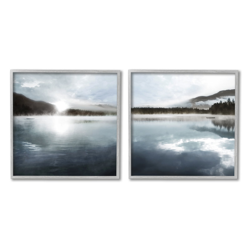 Misty Morning Lake Water Landscape Tree Forest Mountains 2Pc Gray Farmhouse Rustic Oversized