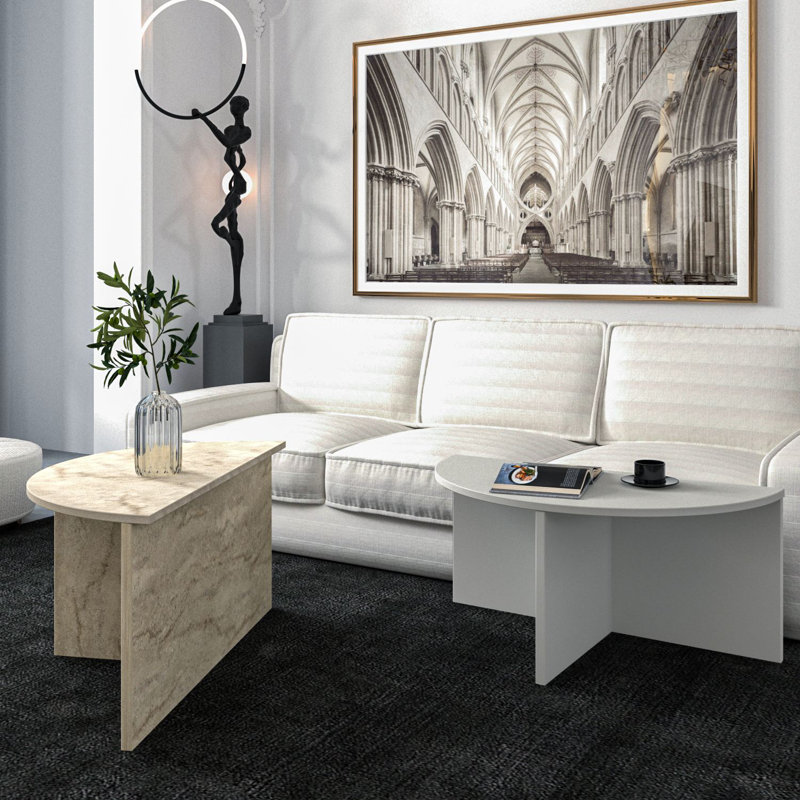 Modern Nesting Coffee Table Set (2 Pieces), Grey & Travertine, 27.6 x 20.4 x 15.0 inches & 27.6 x 18.7 x 13.8 inches | 100% Melamine Coated Particle Board, Thickness: 0.7 inches | Stylish & Functional for Living Rooms & Offices