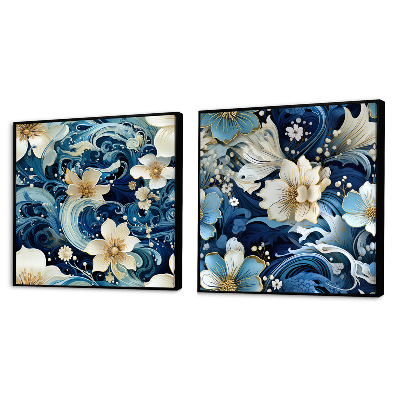Electra - Ensemble de 2 collages floraux et botaniques carrés, Cadre flottant noir, H 30 po x l 61 po