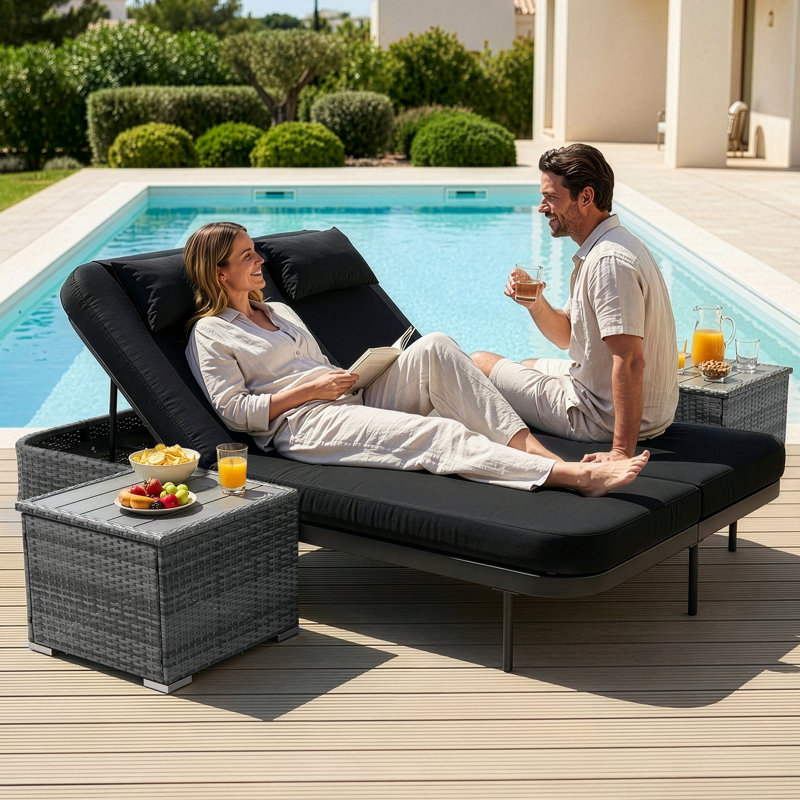 Outdoor Wicker Double Chaise Lounge Chair with Side Table & Cushions, Adjustable Reclining Back, Black