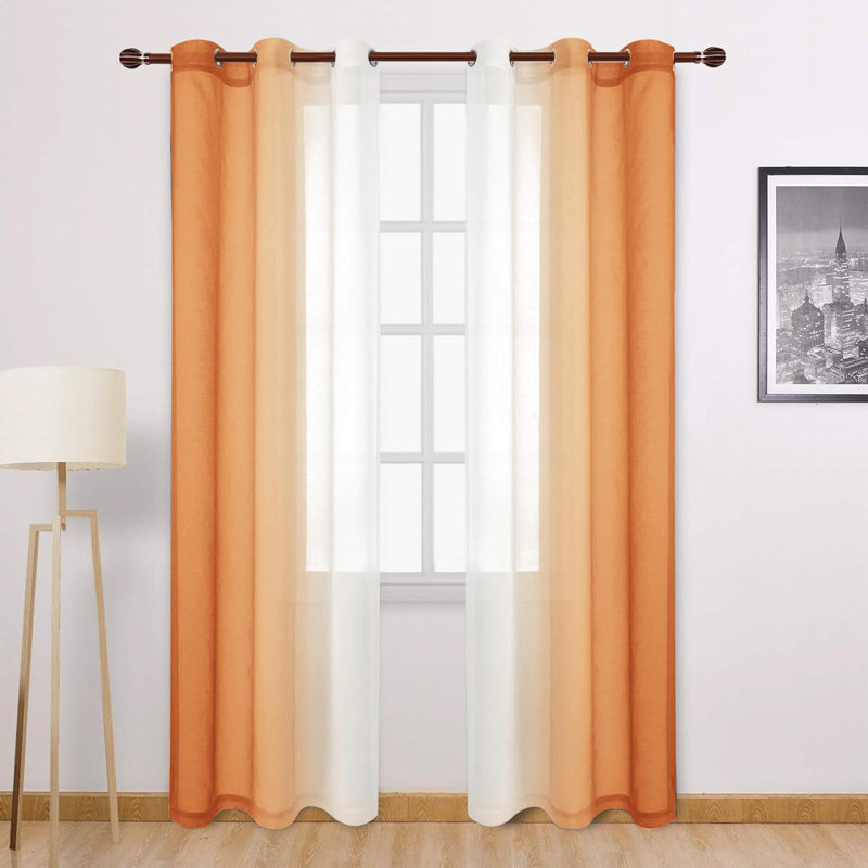 2 Panels Ombre Sheer Curtains Faux Linen Semi Voile Gradient Farmhouse Style Curtains, Grommet Top Window Drape Panels for Bedroom and Living Room