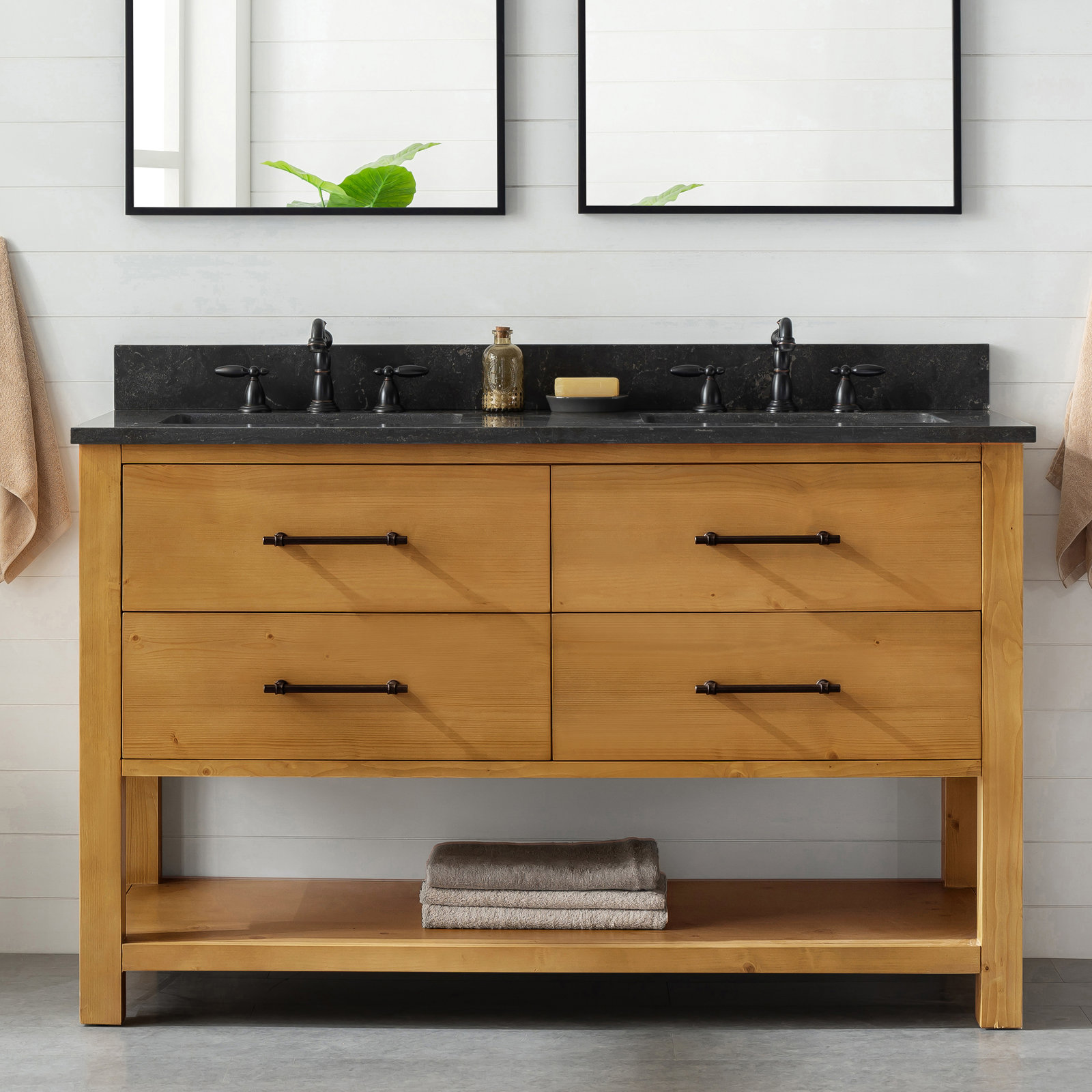 Keri 54'' Double Bathroom Vanity, Natural/Antique Black