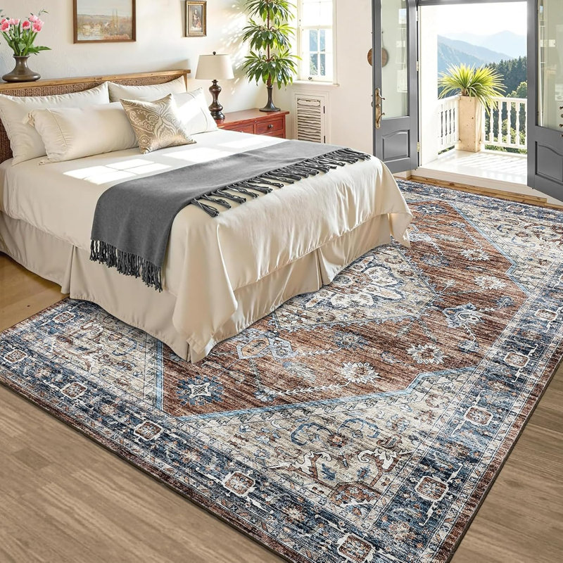 Washable Rugs 10x13 Area Rugs for Living Room, Vintage Floral Bedroom Rugs Indoor Accent Large Carpet Table Soft Non Slip Retro Floor Cover