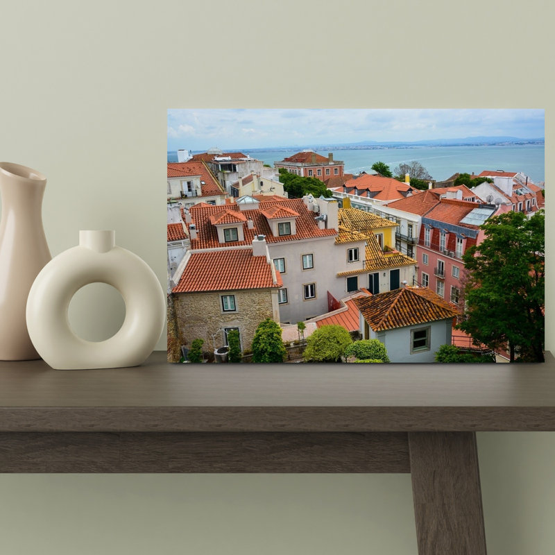 Toits de Lisbonne et mer, architecture abstraite traditionnelle colorée, art mural ville, H 12 po x l 18 po