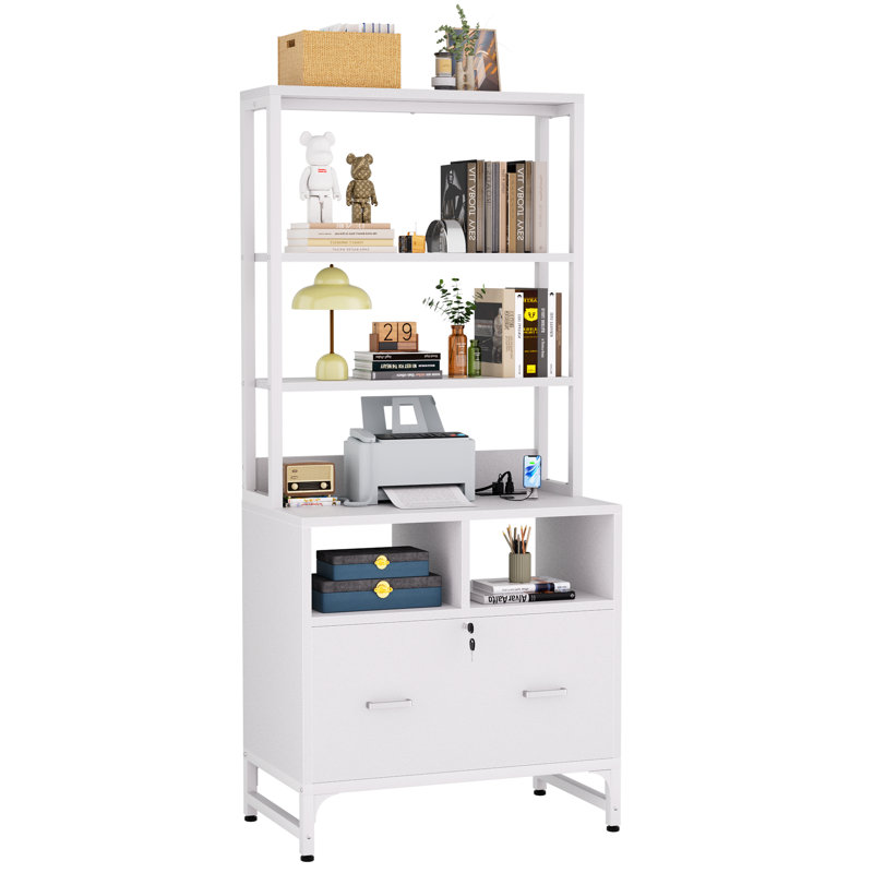 61.4" Tall Storage Bookcase with Drawers, Lock and  Charging Station, White