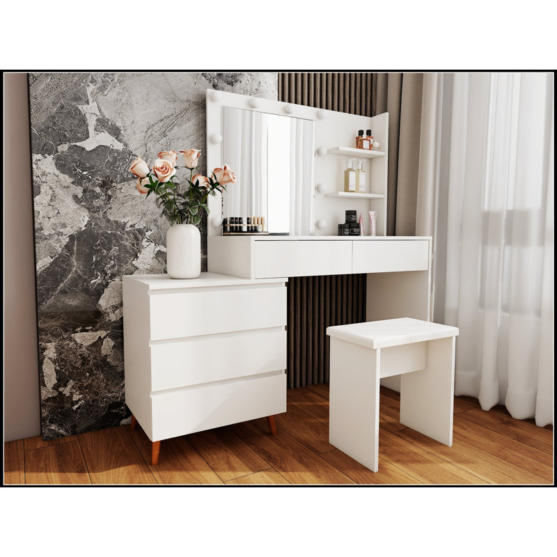 Coiffeuse de maquillage avec miroir à DEL - coiffeuse de beauté blanche avec tiroirs de rangement, tabouret assorti et compartiments de rangement pour les pinceaux de maquillage et les cosmétiques