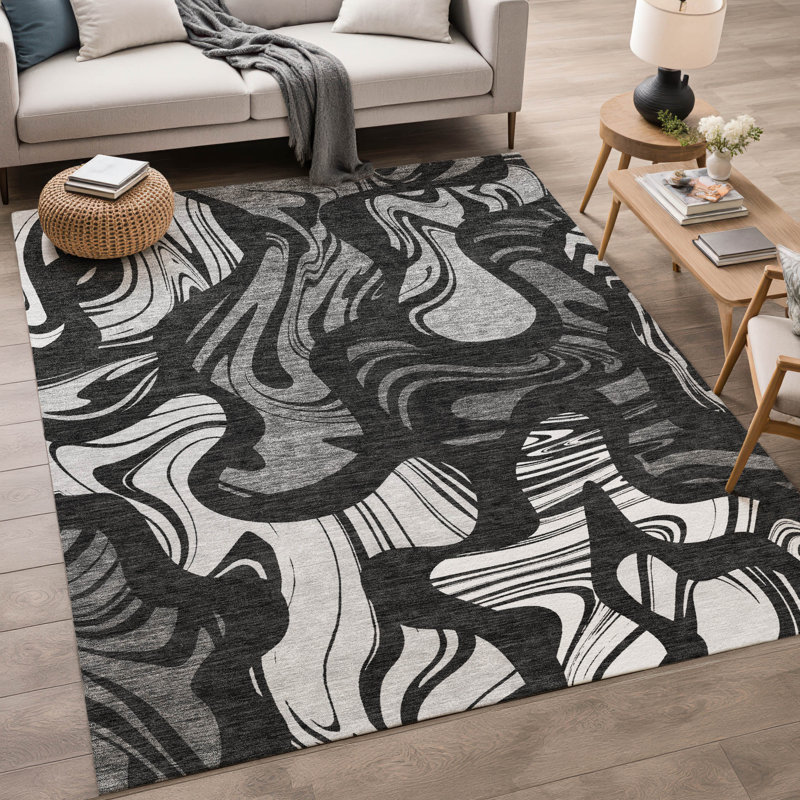 Tapis abstrait lavable à la machine intérieur / extérieur ACN2852, Noir, 10 pi x 14 pi