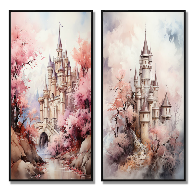 «Castles Pastel Dreams», 2 pièces sur toile, H 32 po x l 32 po, Cadre noir
