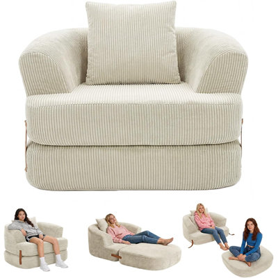 Folding Sofa Bed with Memory Foam, 3-in-1 Convertible Sleeper Chair, Washable Corduroy Floor Lounge for Living Room, Dorm, Apartment, Beige