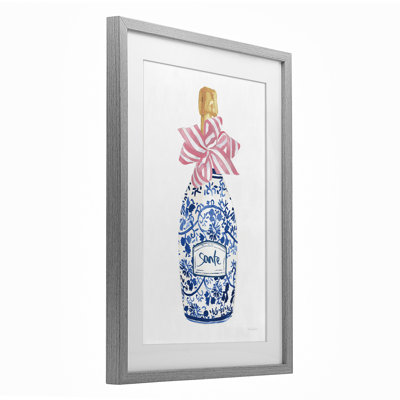 «Pink & Blue Flirty Champagne», reproduction encadrée sous verre, design par Mercedes Lopez Charro