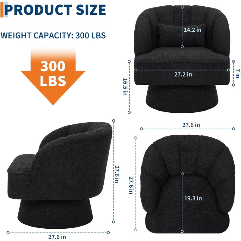 Upholstered Swivel Armchair, Black, Black Teddy