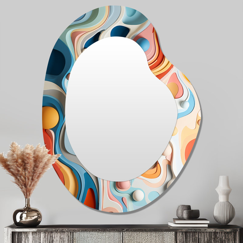 Haskell, marée colorée tourbillonnant Art III - miroir asymétrique abstrait, miroir mural moderne de forme irrégulière, impression d'art en métal