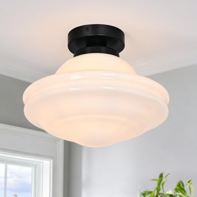 Plafonnier semi-encastré vintage noir à une lumière avec abat-jour en verre blanc