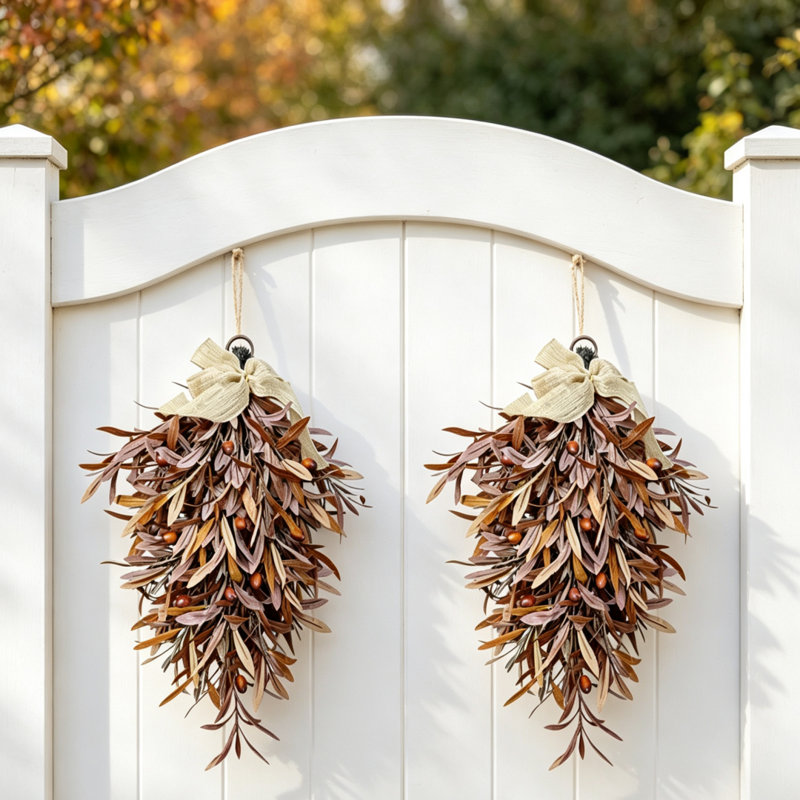 Paquet de 2 couronnes olive pour porte d'entrée, style campagnard, guirlande d'automne pour fête d'Halloween, couronne de feuilles d'olivier avec décoration murale de fenêtre en toile de jute