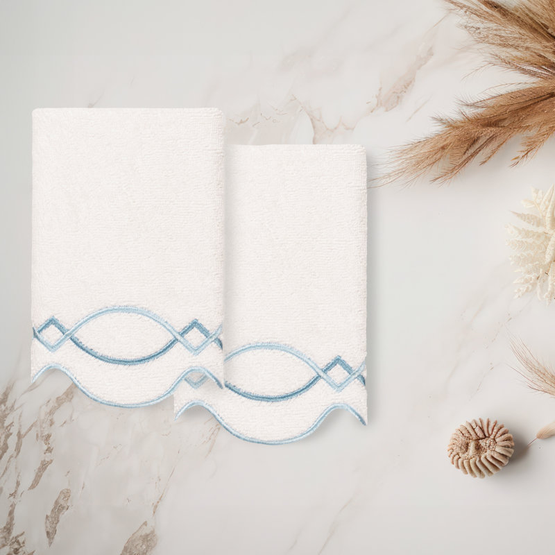  Ensemble de serviettes 100% coton turque DIAMOND CHAIN 2PC, Ensemble de 2 serviettes à doigts, Blanc / Bleu