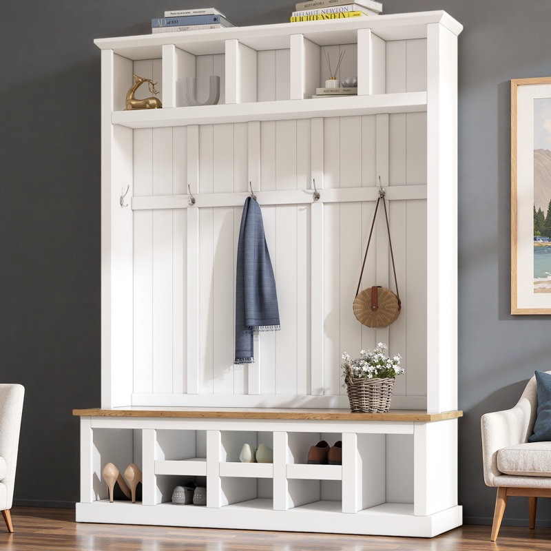 Arbre d'entrée en bois Farmhouse avec banc de rangement large, armoire à chaussures d'entrée avec 13 compartiments et 6 crochets, blanc