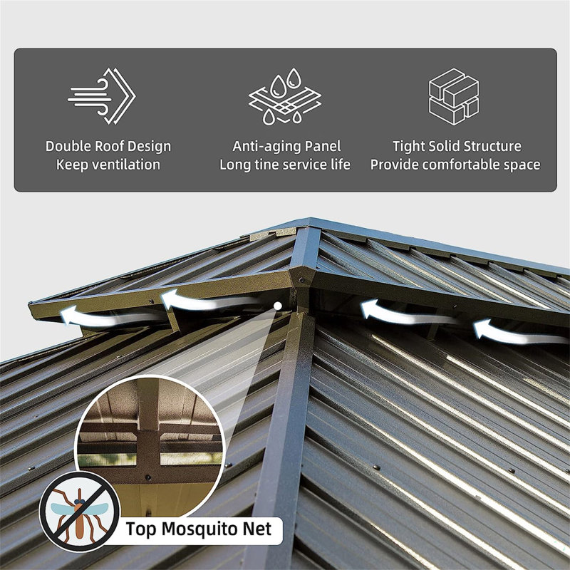 Hardtop Gazebo, Outdoor Aluminum Frame Canopy With Galvanized Steel Double Roof, Outdoor Permanent Metal Pavilion With Curtains And Netting For Patio, Backyard And Lawn