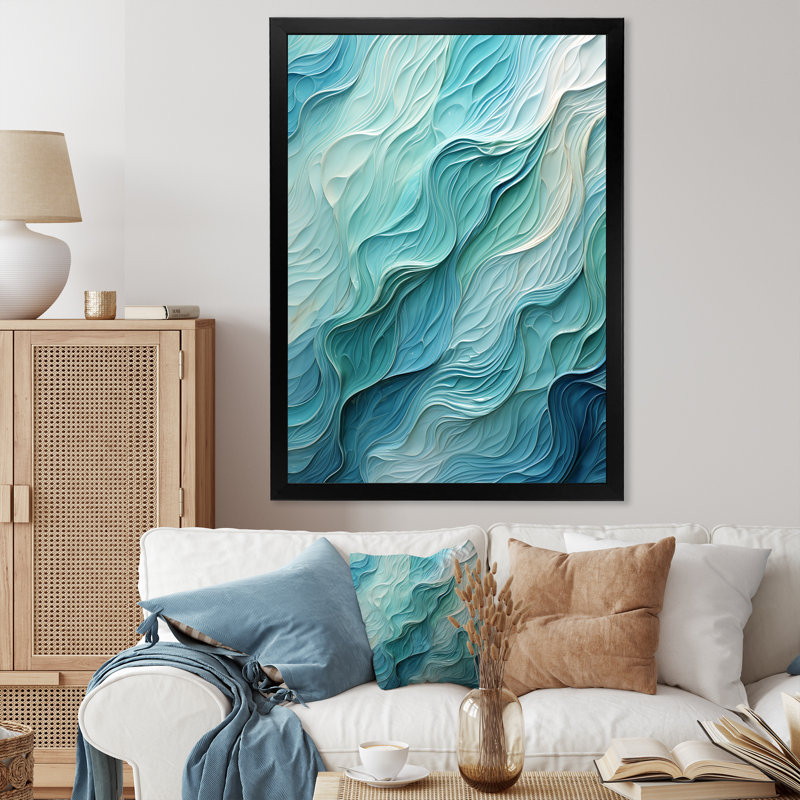 Aqua Blue and White Abstract Canvas Print with Black Frame