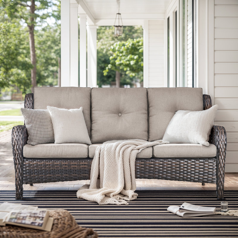 Wendye 3-Seat Outdoor Durable Sofa With Olefin Cushions, All-Weather PE Wicker, Gray, Brown
