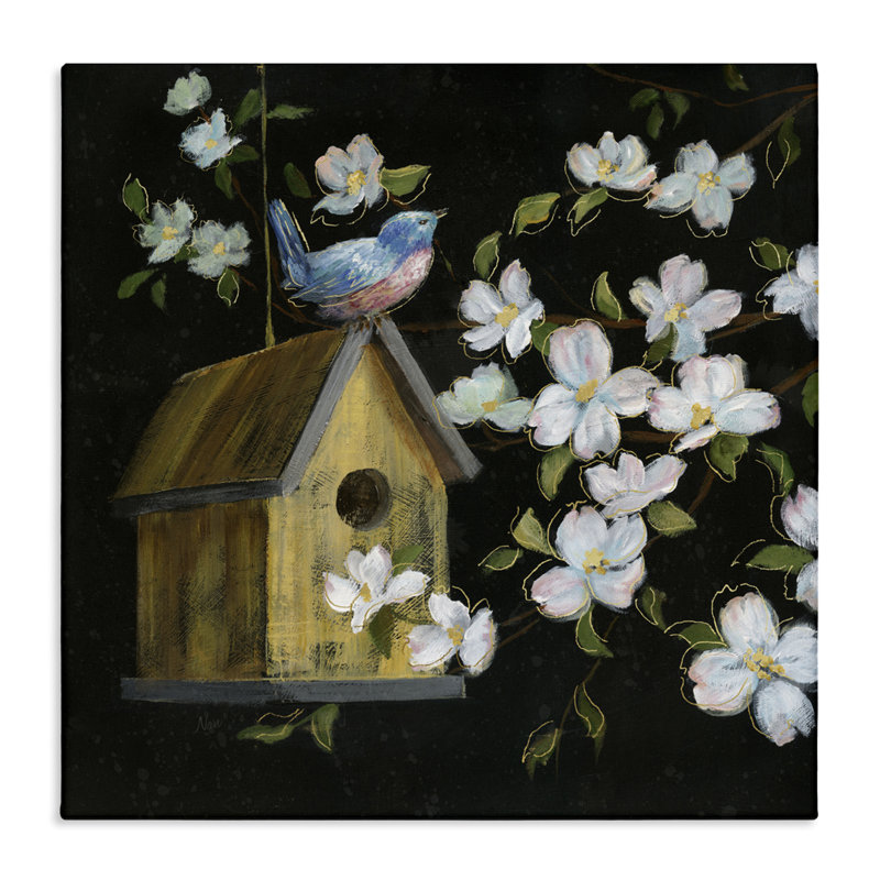 «Night Song Birdhouse» sur toile noire, design par Nan, H 17 po x l 17 po