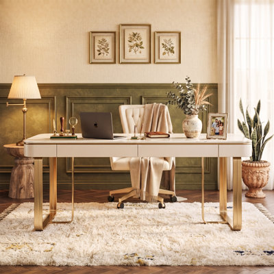 70.9" Modern White Marble Top Executive Desk Luxury Writing Computer Desk with Storage Drawers Gold Metal Legs Home Office Desk