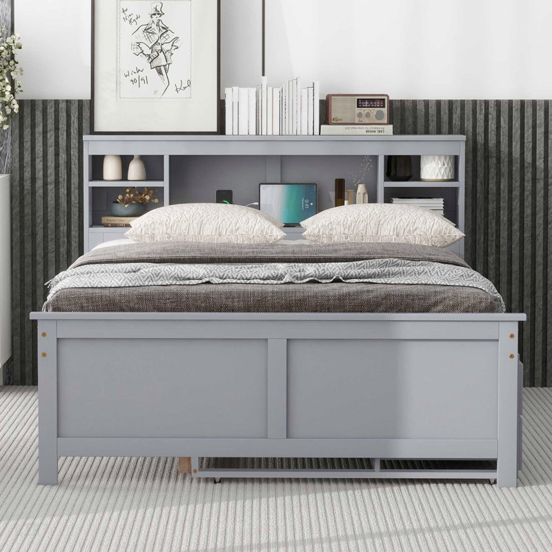 Lit plateforme avec tête de lit, USB, lit gigogne simple et 3 tiroirs, cadre de lit, Lit double, gris