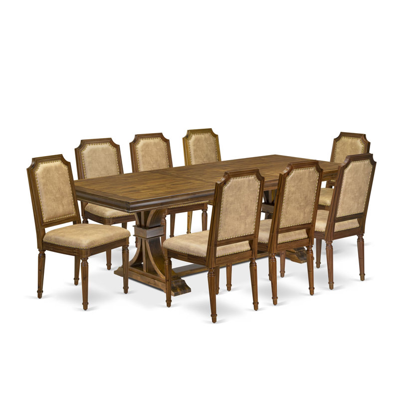 L'ensemble de table de salle à manger 9 pièces comprend une table de salle à manger et 8 chaises de cuisine en similicuir beige avec dossier haut - finition noyer antique