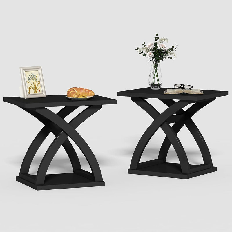 Black X-Design Wood End Side Table Set with Storage Shelf