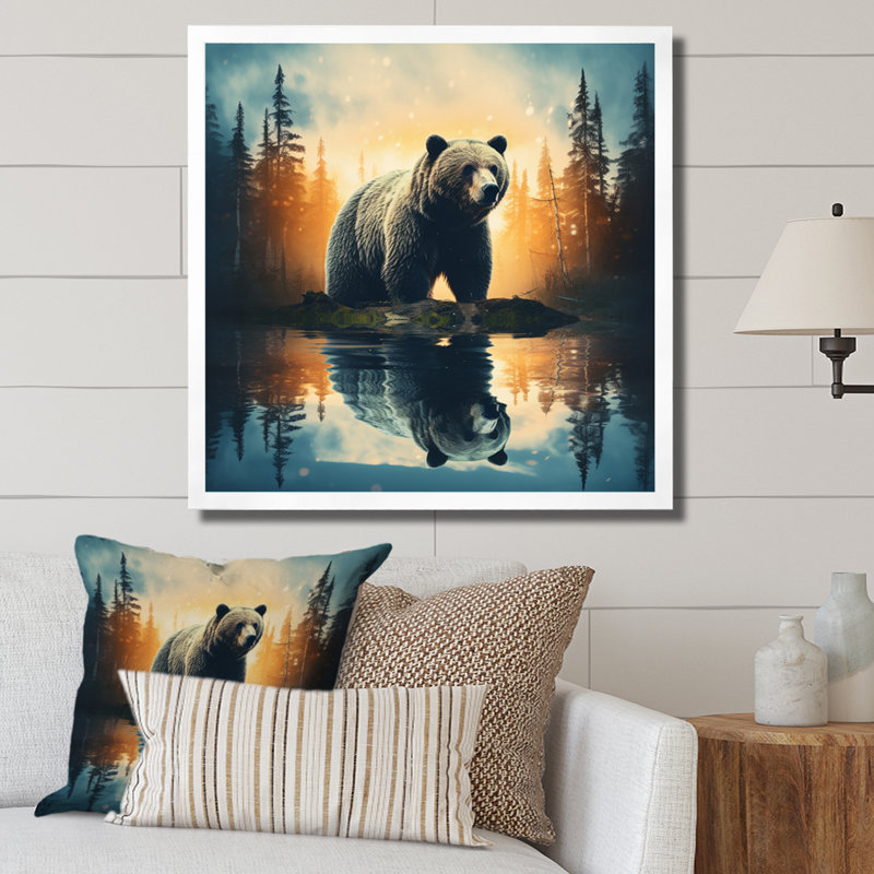 «Double Exposure Bear», art mural grand ours, H 16 po x l 16 po x P 1 po, Cadre simple blanc