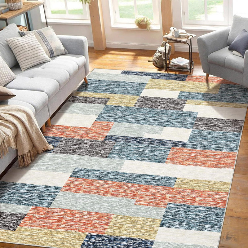 Modern Rug, Geometric Patchwork, Non-Slip, Washable, Low Pile, Hallway, Foldable, Contemporary Carpet, Laundry, Gray, Camel.