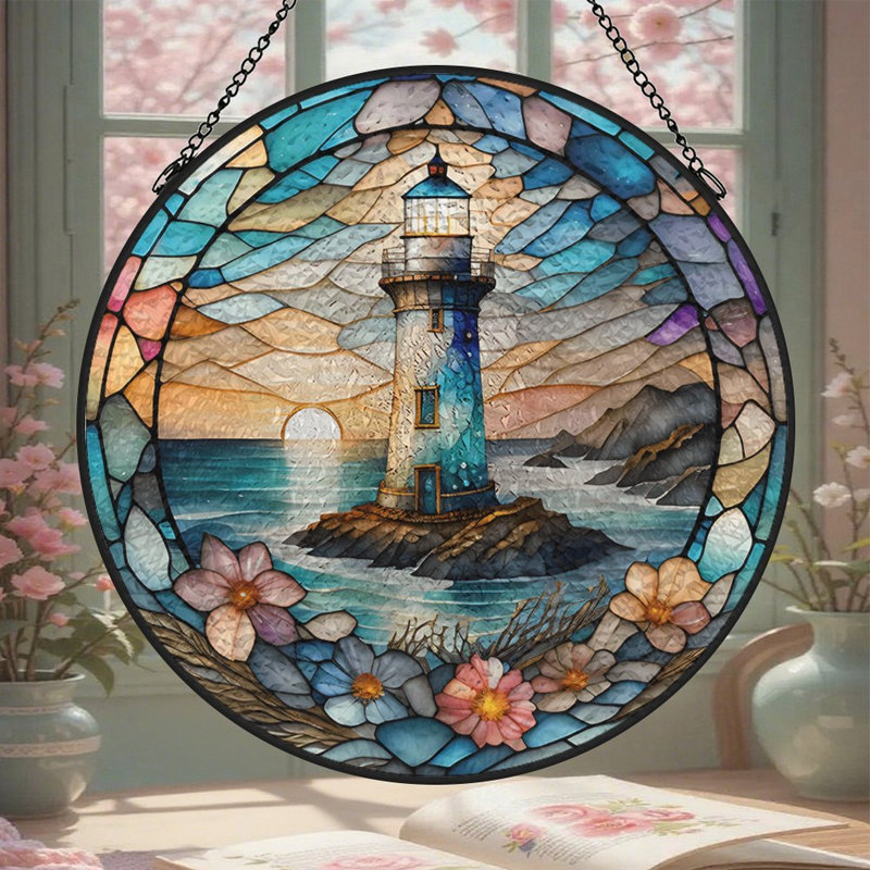 Panneaux de vitrail à imprimé phare Suncatcher pour décor de fenêtre, 11,8 x 11,8 po (30 x 30 cm)