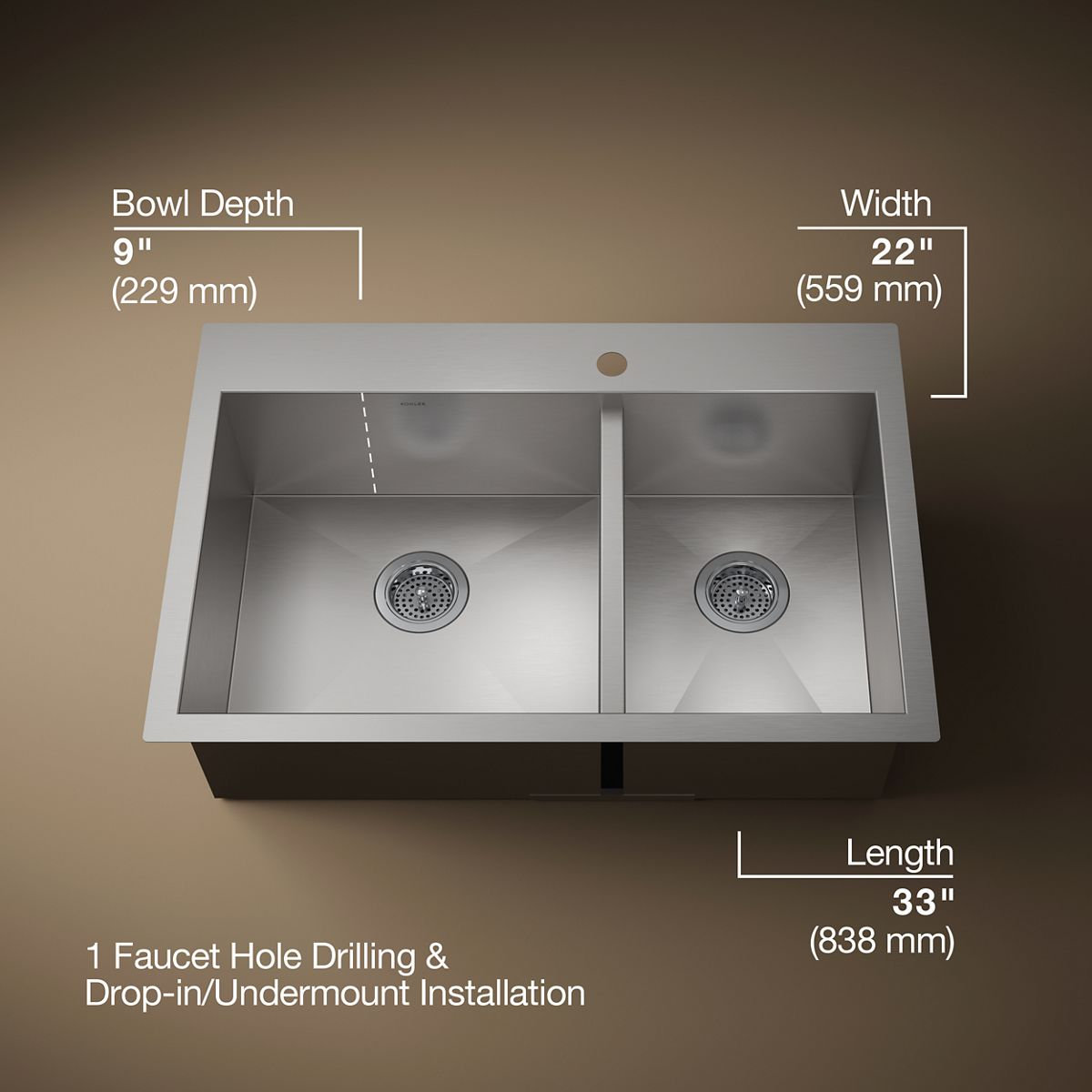 Vault 33" Dual Mount Kitchen Sink, 1 hole