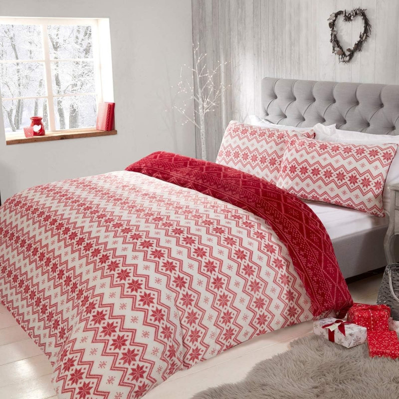 Double Fairisle Fleece Duvet Set, Red Striped, Single Duvet Cover + 1 Standard Pillowcase