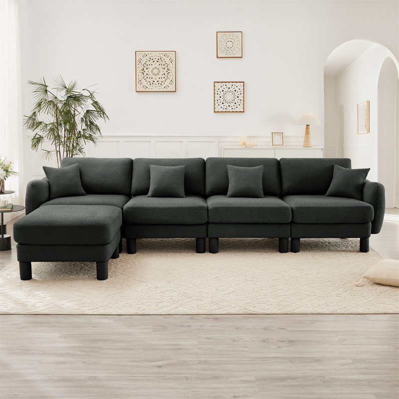 Canapé modulaire en L convertible en forme de L pour 4 personnes avec accoudoirs en forme de coquillage et repose-pieds amovible et pieds en tissu