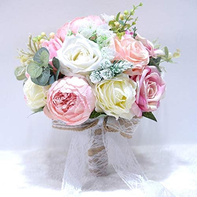Artificial Wedding Rose Peony Bouquet - Burlap Lace Bow Décor