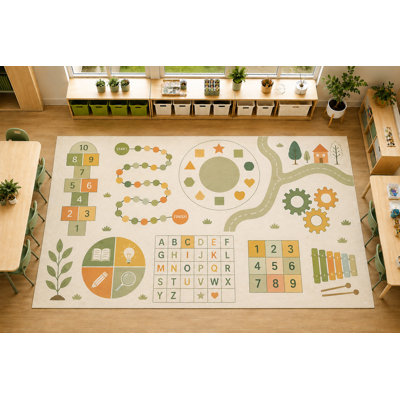 "Ultra Thin" 5' x 7' Alphabet Numbers Learning Area Rug, Soft Low Pile Indoor Rug with Non-Slip Silicone Backing for Kids Room Playroom, Beige