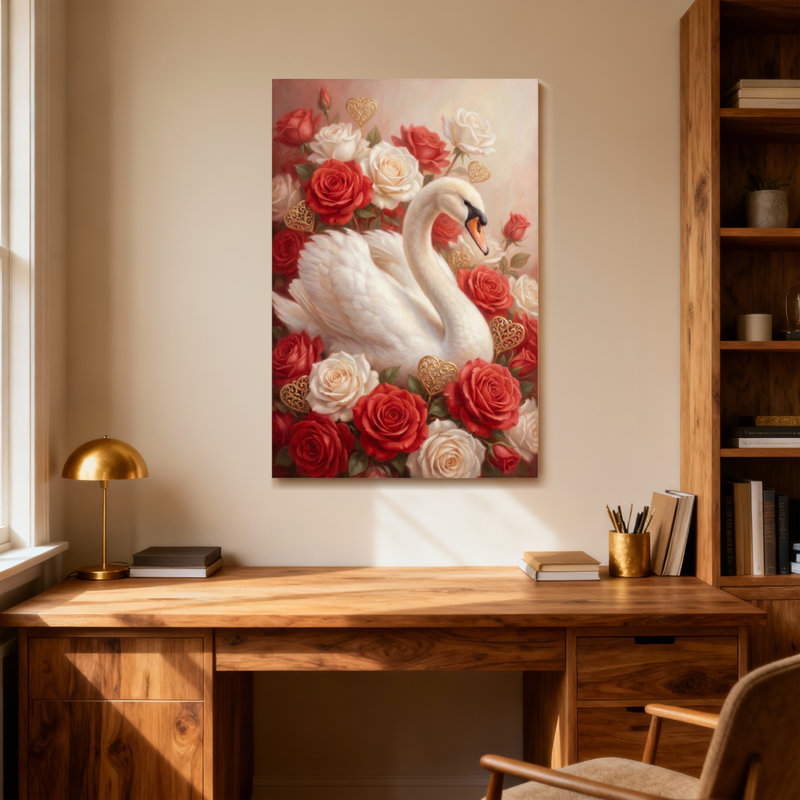 Saint-Valentin, cygnes roses, cœurs dorés, reproduction d'art sur toile, H 30 po x l 20 po
