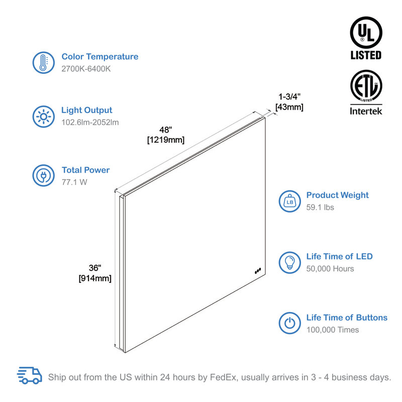 Wall Mounted Bathroom Vanity Mirror with LED Lights, Frameless Modern Bathroom Wall Mirror with Dimmable Lighting and Defogger