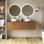 Meuble-lavabo mural en contreplaqué avec comptoir en pierre frittée noire et lavabo et portes ronds en céramique, couleur grain de bois chêne brun